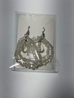 Crystal Beaded Hoop Earrings with Teardrop Charm - Clear